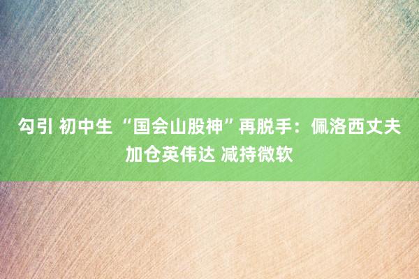 勾引 初中生 “国会山股神”再脱手：佩洛西丈夫加仓英伟达 减持微软